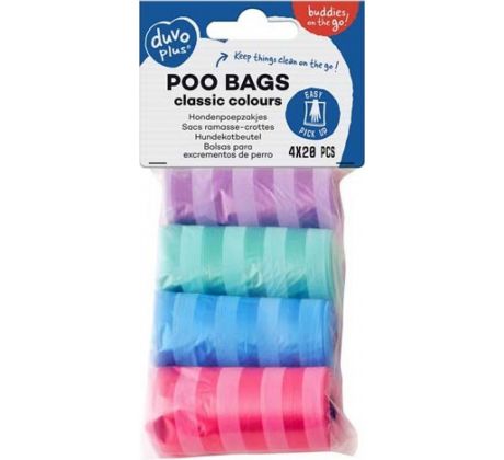 Sáčky DUVO+ na zber psích výkalov farebné s prúžkami 4 x 20 ks